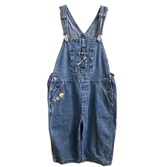 Looney Tunes Denim Cropped Overalls Tweety Sz Medium - Picture 1 of 6
